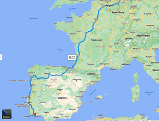 Karte mit Route nach Portugal